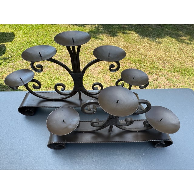 1980s Vintage Wrought Iron Candelabra Fireplace Mantel Candle Holders - A Pair For Sale - Image 6 of 9