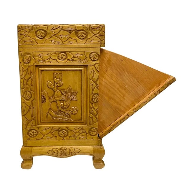 Brown Early 20th Century Antique Ornately Carved Asian Style Cedar File Cabinet Magazine Chest Ooak. For Sale - Image 8 of 9