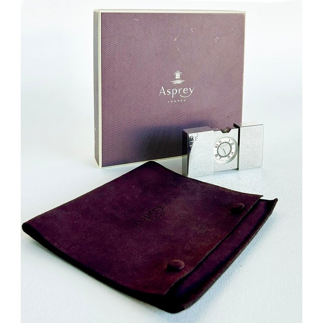 Modern Asprey London Swiss Made Clic Clac Travel Clock, Original Box and Suede Pouch For Sale - Image 3 of 11