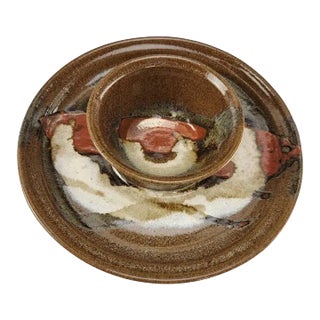 1980s Studio Art Stoneware Pottery Chip and Dip Serving Tray, Signed For Sale