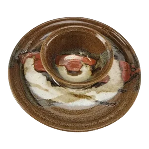 1980s Studio Art Stoneware Pottery Chip and Dip Serving Tray, Signed