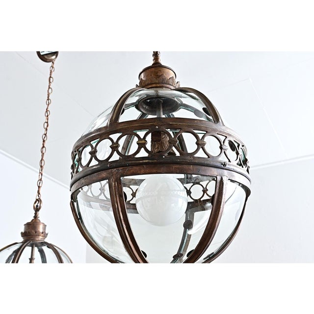 Metal English Pair of 20th Century Glass Globe Lanterns For Sale - Image 7 of 12