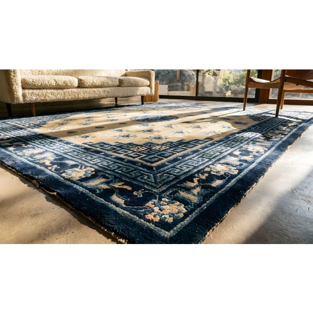 1920s Beige Medallion Floral Antique Chinese Baotou Carpet 5' 9" X 6' 2" Handknotted Wool Rug For Sale - Image 14 of 14
