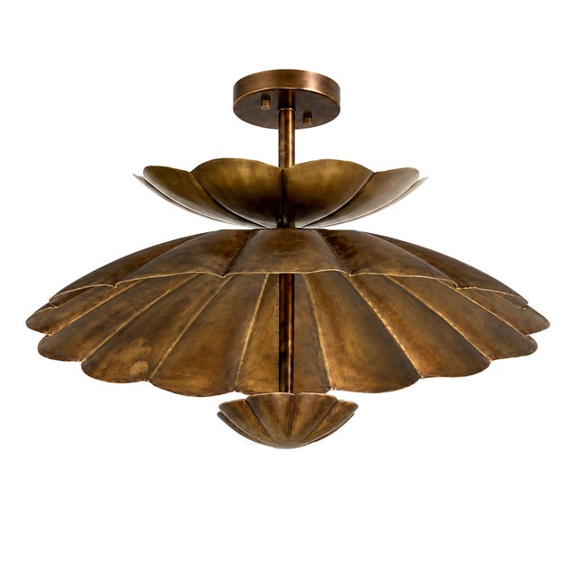 Handmade Brass Lotus Ceiling Light, Antique Brass Scalloped Semi Flush Mount, Floral Ceiling Fixture for Bedroom, Hallway & Living Room For Sale - Image 11 of 13