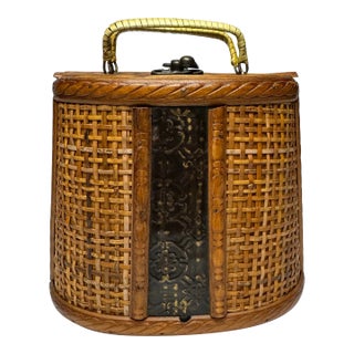 Vintage Rattan Embossed Black Metal and Wood Basket For Sale