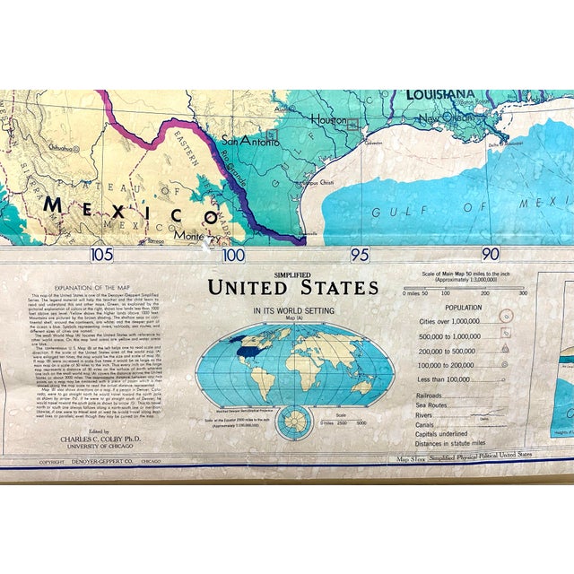 A cool and extra large (over 5’ x 6.5’) paper on linen school map of the United States circa 1960’s by Denoyer-Geppert....