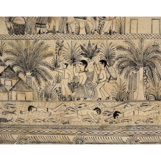 Tribal Illustration of a Village by the River - Amate Bark Drawing by Cristino Florez Medina For Sale - Image 3 of 6