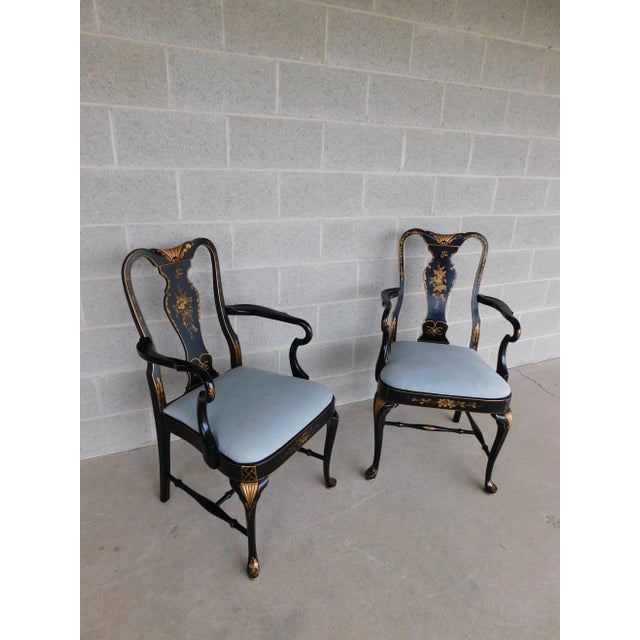 Vintage Georgian Style Chinoiserie Decorated Black Lacquer Arm Chairs - A Pair For Sale In Philadelphia - Image 6 of 18