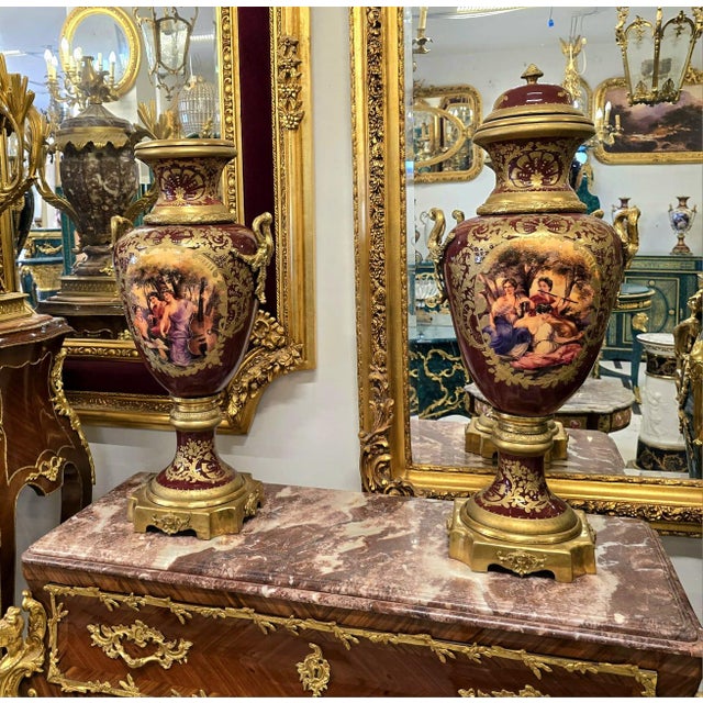 French Luxury French Burgundy Porcelain Vase With Hand-Painted Musical Scene, Bronze Swan Handles & Gold Leaf Details For Sale - Image 3 of 3