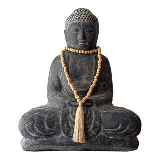 Arhaus Seated Buddha Cast Stone Sculpture With Prayer Beads For Sale