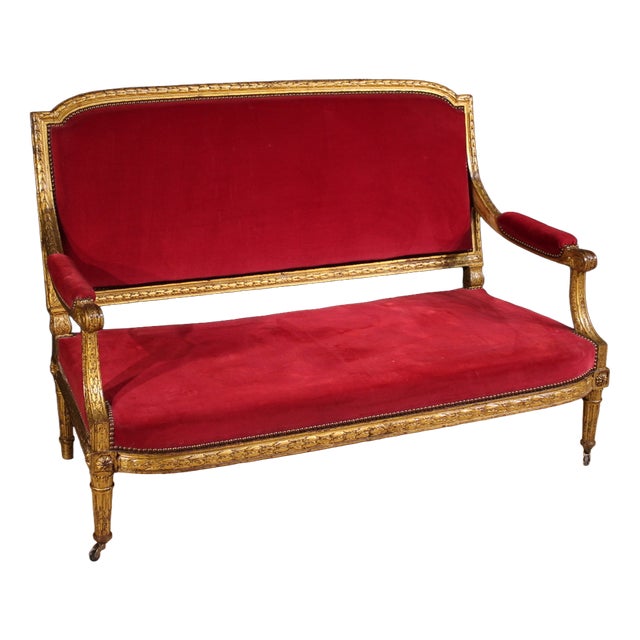 Antique French Red Velvet Sofa, 1880 For Sale