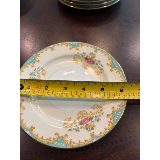 Elegant vintage set of six Noritake porcelain plates in the Tiffany pattern, featuring a beautiful turquoise border with...