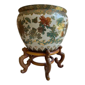 1980s Large Vintage Ceramic Chinese Fish Bowl/Jardiniere Planter With a Coral and Flower Motif, Stand Included