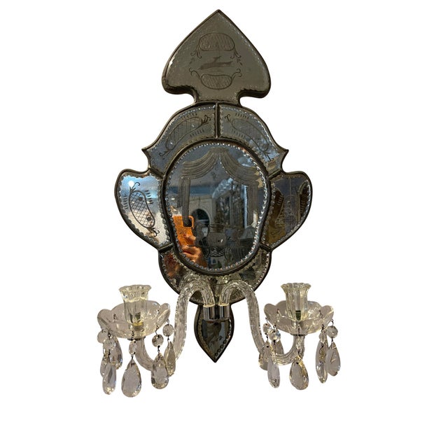 Silver Late 19th Century Antique Venetian Two Arm Silver Mirrored Candle Sconces With Etching - Set of 2 For Sale - Image 8 of 12