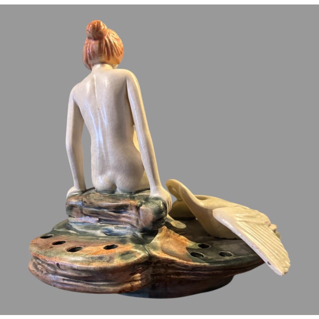 Art Nouveau Vintage Weller Muskota Art Pottery Figural Art Nouveau Leda & Swan Flower Frog For Sale - Image 3 of 9