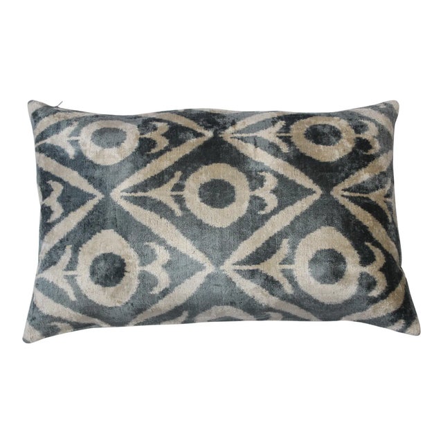 Dove Gray Contemporary Silk Velvet Ikat Pillow For Sale - Image 8 of 8