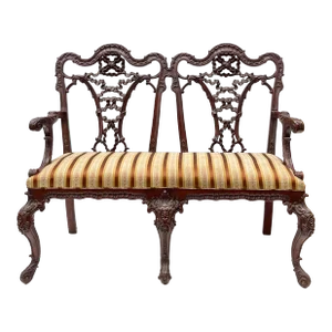 Early 20th-C. English Chinese Chippendale Style Carved Mahogany Settee / Bench