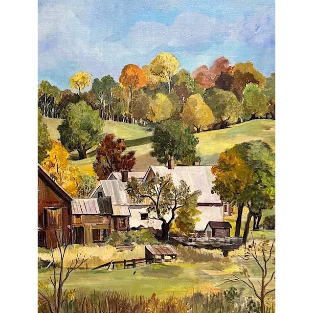 New England Village in the Fall, Autumn Scene. Framed Vintage Original Oil on Board Painting For Sale - Image 4 of 9
