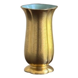 Mid-20th Century Pickard China Gold Encrusted Floral Vase W/ Turquoise Interior For Sale