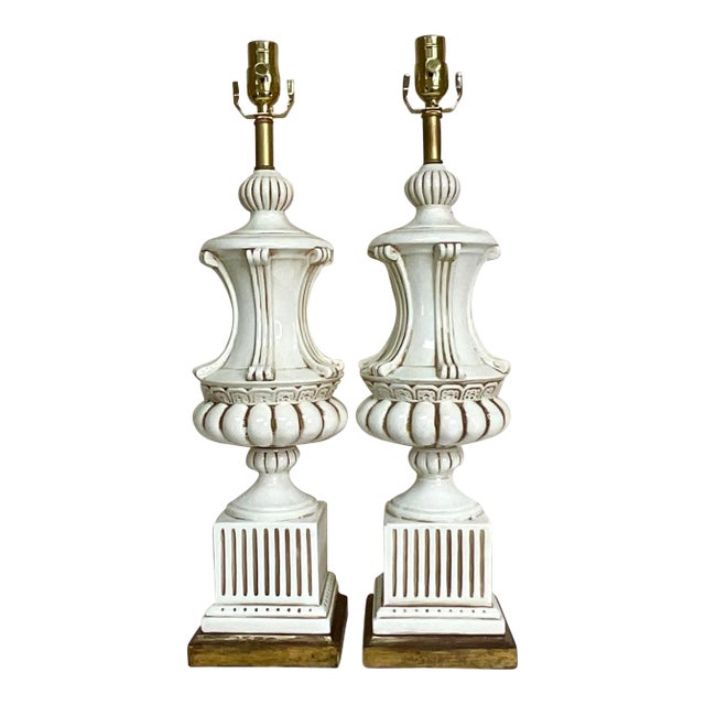Vintage Italian Neoclassical Glazed Ceramic Urn Table Lamps – A Pair For Sale