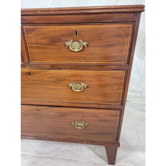 English Stately Antique 2 Over 2 Chest of Drawers With Delicate Inlaid Trim and Metal Brass Hardware - From England, Circa 1860 For Sale - Image 3 of 13