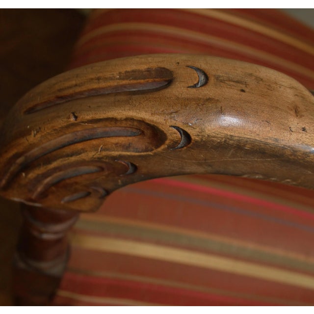 Early 20th Century Taffeta & Silk Striped Carved Details Arm Chair For Sale - Image 5 of 7