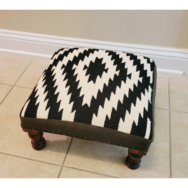 Southwest Kilim Style Footstool With Wooden Legs, Nailhead Trim For Sale - Image 4 of 8