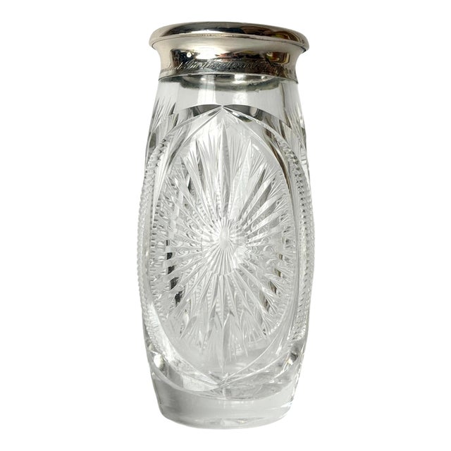 Antique German Hand-Cut Crystal Vase with 800 Silver Rim, 1900 For Sale