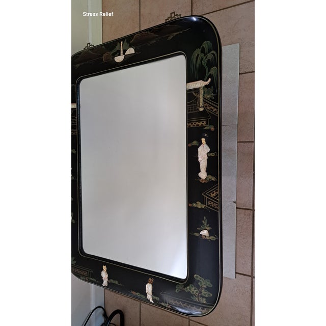 Black Vintage Chinese Black Lacquer Chinoiserie Wall Mirror With Mother-of-Pearl Inlay, 40" X 30" For Sale - Image 8 of 15