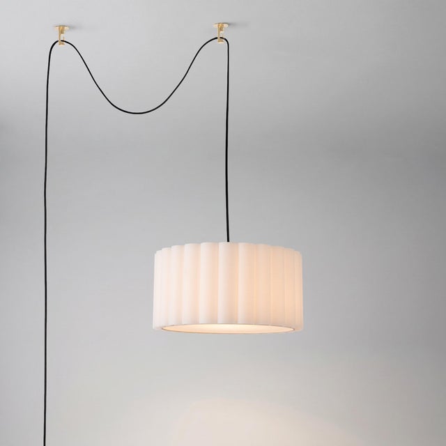 Nova Scallop 15" Swag Light Kit - Drum White Linen Shade, Weathered Brass Steel Body, Inline Dimmer, Dimmable For Sale - Image 4 of 5