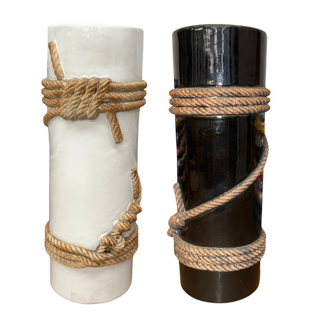 Deep Black Cylindrical Ceramic Vase with Rope Design For Sale - Image 10 of 10