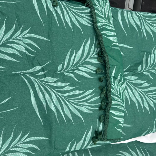 Contemporary Vintage 1970s Pinch Pleat Green Palm Fronds Curtains, 4 Panels With Pompom Tie Backs For Sale - Image 3 of 5