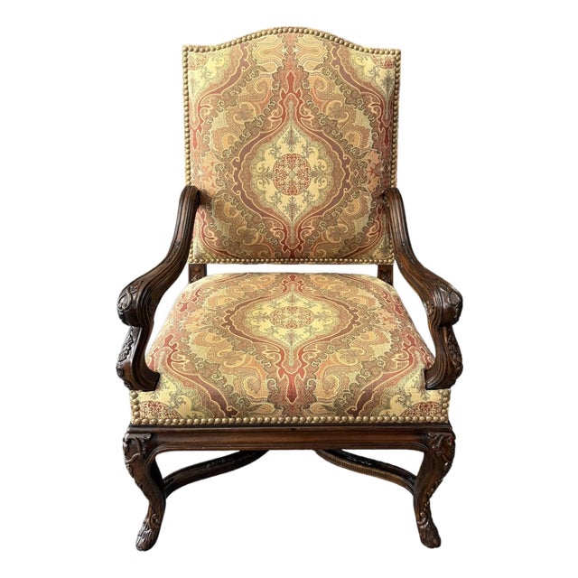 Late 20th Century Traditional High-Back Upholstered Arm Chair For Sale