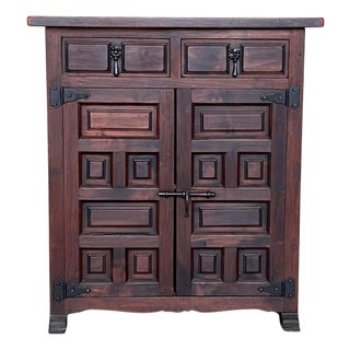 19th Spanish Baroque Carved Walnut Narrow Two Drawer Credenza or Buffet For Sale