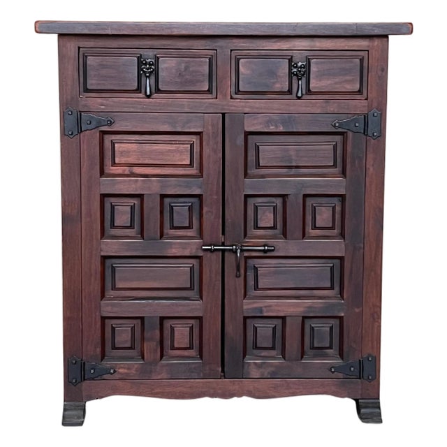 19th Spanish Baroque Carved Walnut Narrow Two Drawer Credenza or Buffet For Sale