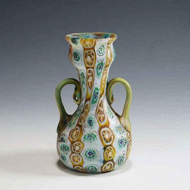 Glass Antique Millefiori Vase in Brown, Green and White, Fratelli Toso Murano 1910 For Sale - Image 7 of 7