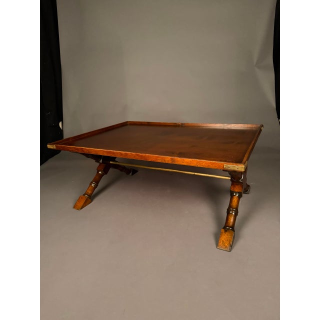 Wood Vintage Campaign Style Mahogany Coffee Table With Removable Leather-Lined Trays & Brass Accents, Circa 1980 For Sale - Image 7 of 13