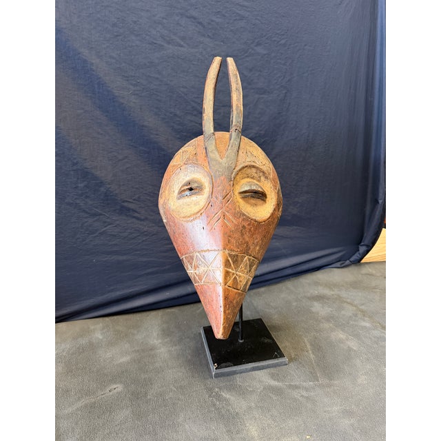 Vintage African Kwele-Style Hand-Carved Wood Antelope Mask on Stand For Sale - Image 4 of 8