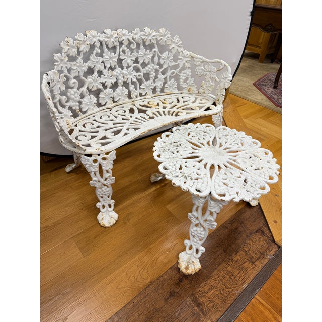 Victorian White Cast Iron Grapevine Bench and Table Set For Sale - Image 3 of 8