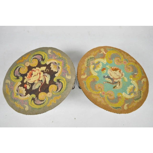 French Early 20th Century Antique French Louis XVI Style Carved Walnut & Needlepoint Oval Stools - a Pair For Sale - Image 3 of 12