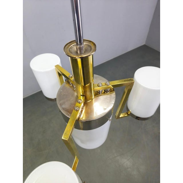 Art Deco Brass and Chrome Chandelier with Opaline Glass, Czechoslovakia, 1930s For Sale - Image 6 of 15