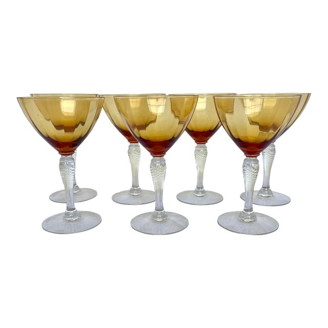 1930s Mid-Century Cambridge Glass Amber & Clear Stem Champagne Coupes - Set of 7 For Sale