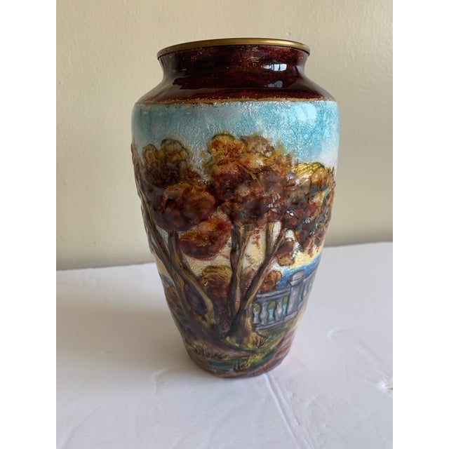 French Country Antique Late 19th Century French Countryside Chateau Painted Enamel on Copper Scenic Vase Signed and Marked France Circa 1900 For Sale - Image 3 of 13