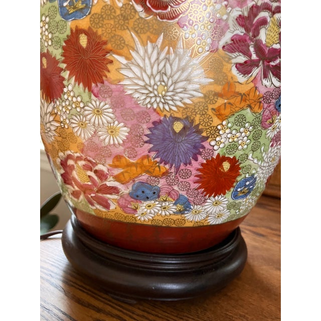 Orange Mid 20th Century Japanese Satsuma Ceramic Floral Table Lamp For Sale - Image 8 of 8
