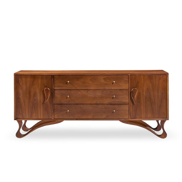 Vladimir Kagan Style Mid Century Sculpted Walnut Lowboy Dresser This lowboy measures: 74 wide x 19 deep x 31.5 inches high...