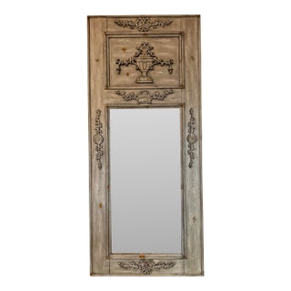 French Neoclassical Carved Distressed Gray Trumeau Mirror For Sale