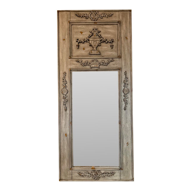 French Neoclassical Carved Distressed Gray Trumeau Mirror For Sale