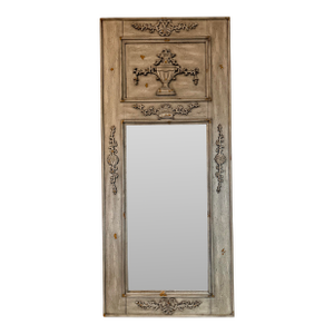 French Neoclassical Carved Distressed Gray Trumeau Mirror