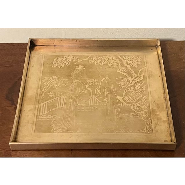 Antique Early 20th Century Japanese Meiji Period Square Brass Tray With Etched Court Scene For Sale - Image 16 of 17