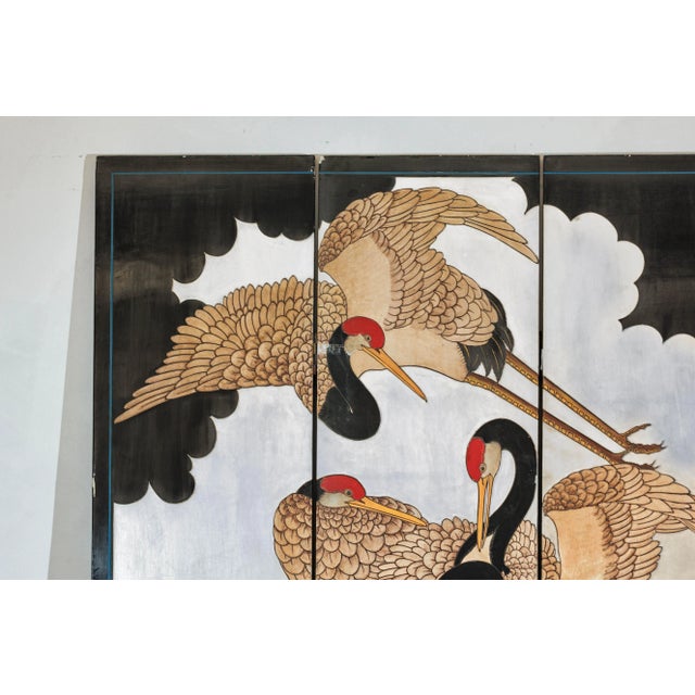 Vintage Chinese Four-Panel Screen with Silver Ground and Hand-Painted Cranes For Sale - Image 10 of 12